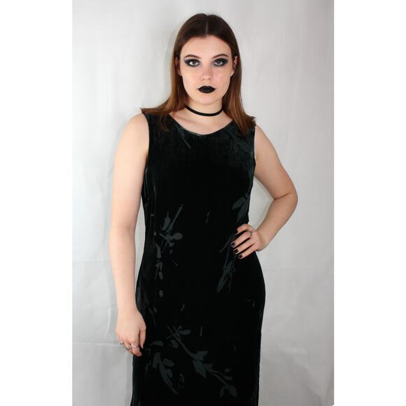 Vintage Casual Corner 90s Burnout Velvet Plus Maxi Dress Dark Teal Black Plus 14 - Picture 1 of 10